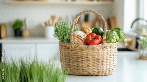 Fresh vegetables and herbs in a woven basket on a kitchen countertop during the daytime photo