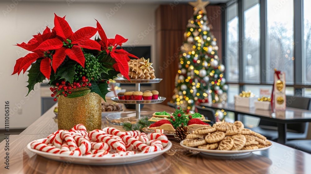An office breakroom featuring a festive table with Christmas treats, candy canes, and a centerpiece of red and gold holiday decor An office breakroom featuring a festive table with Christmas treats, candy canes, and a centerpiece of red and gold holiday decor
