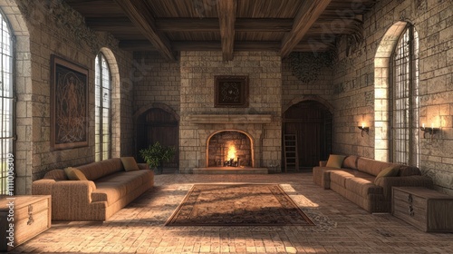 Modern-Medieval Elegance: A Cozy Family Room with Spacious Sectional Sofa and Timeless Fireplace for Family Gatherings