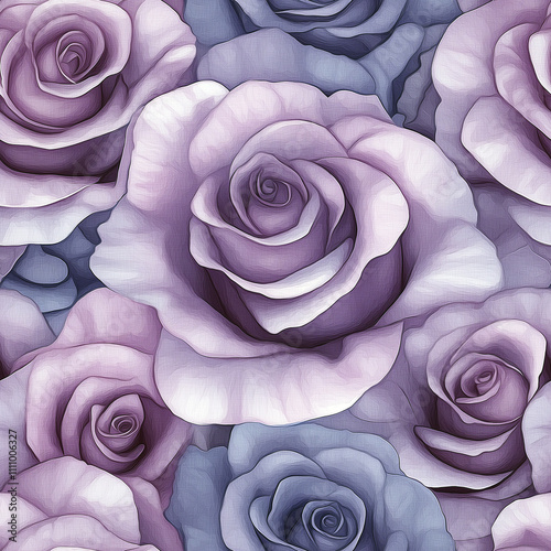 A seamless pattern of roses in shades of purple, with soft edges and subtle gradients.