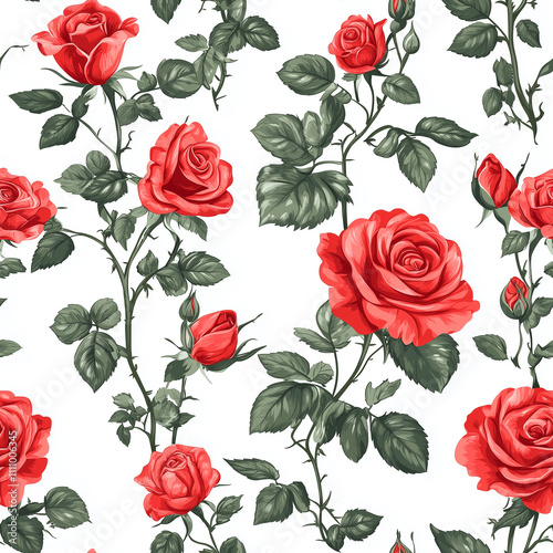 A seamless pattern of red roses with green leaves, on a white background, in a vintage style