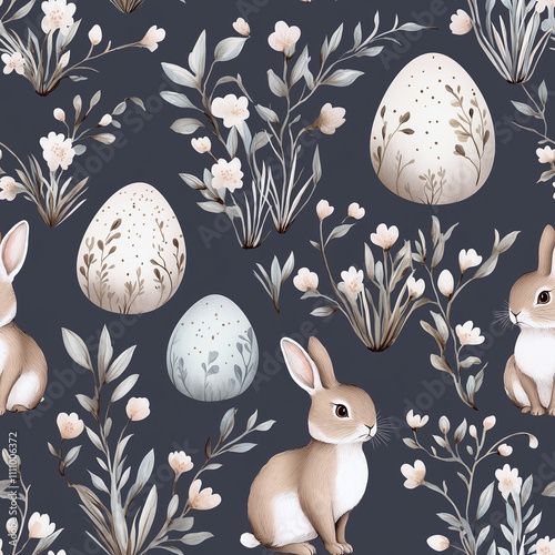 A seamless pattern Easter bunnies, pastel eggs, and spring flowers in soft beige tones, featuring vintage-inspired designs.