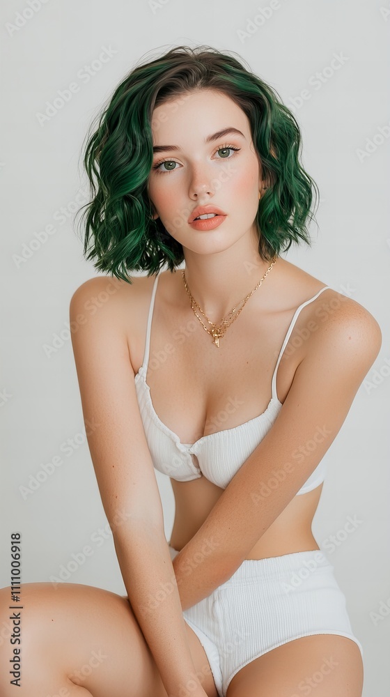 Young woman with green hair and a confident expression, wearing a stylish white outfit. Young woman with green hair and a confident expression, wearing a stylish white outfit.