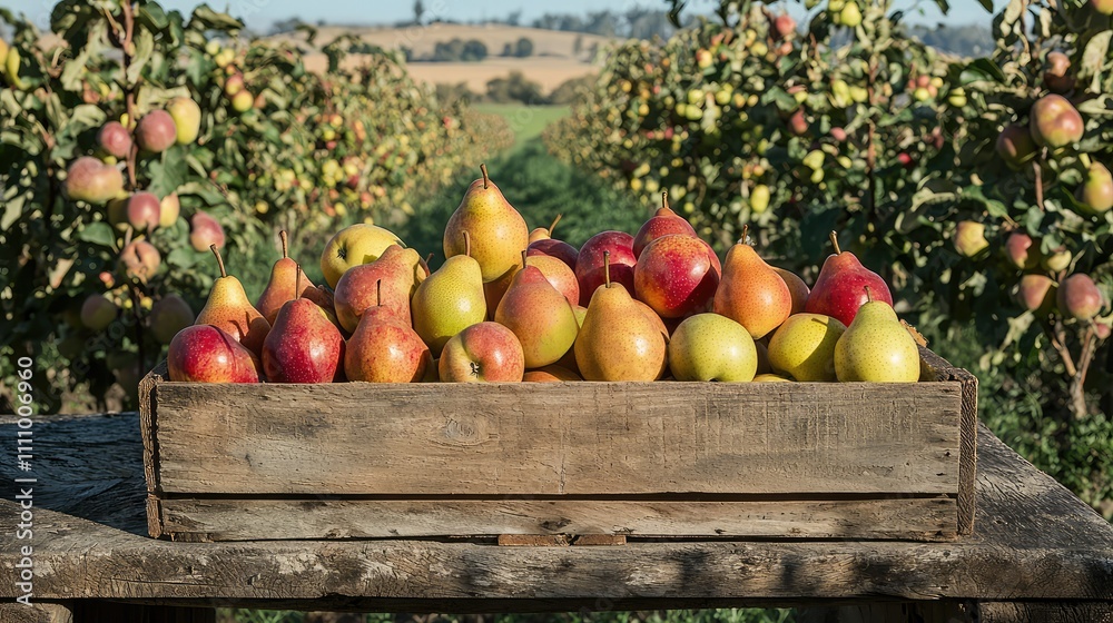 Fresh Harvested Fruits in a Wooden Crate Surrounded by Lush Apple and Pear Trees on a Sunny Day in an Orchard Landscape Fresh Harvested Fruits in a Wooden Crate Surrounded by Lush Apple and Pear Trees on a Sunny Day in an Orchard Landscape