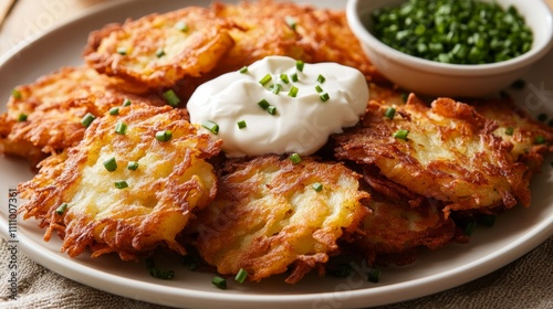 Photo of, A plate of crispy potato latkes served with sour cream and applesauce, Potato latke plate centered photo