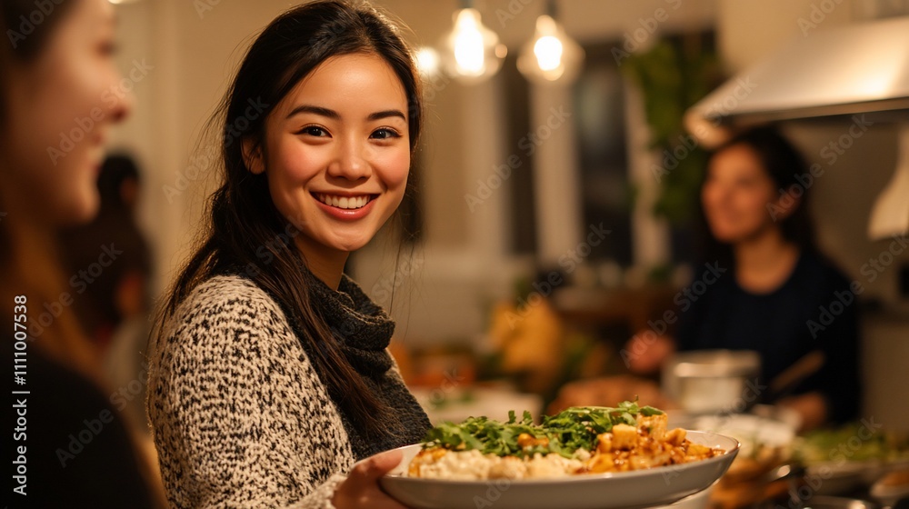 Happy woman holding a plate of food at a dinner party with friends. Happy woman holding a plate of food at a dinner party with friends.