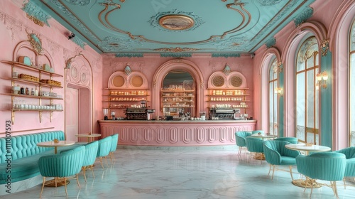 Here s a description and keywords for your image.. Elegant pink and teal cafe interior with ornate ceiling  marble floor  and plush seating.