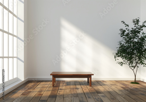 Bright minimalist room with a wooden bench  potted plant  and sunlight streaming through a large grid window  creating a serene and harmonious space