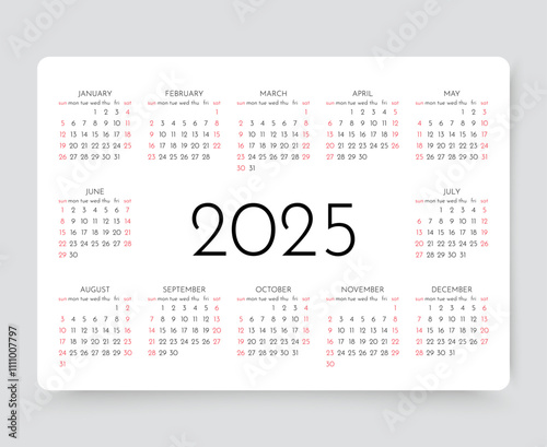 2025 calendar. Calender for year. Week starts Sunday. Pocket or wall template. Scheduler layout with 12 month. Yearly organizer grid in simple design. Vector illustration. Landscape orientation, A4