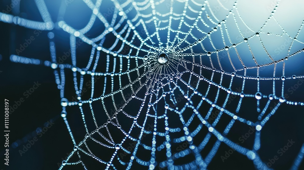 Close-up View of a Dew-covered Spider Web Glimmering in Soft Morning Light with a Beautiful Bokeh Background in Nature's Tranquil Setting Close-up View of a Dew-covered Spider Web Glimmering in Soft Morning Light with a Beautiful Bokeh Background in Nature's Tranquil Setting