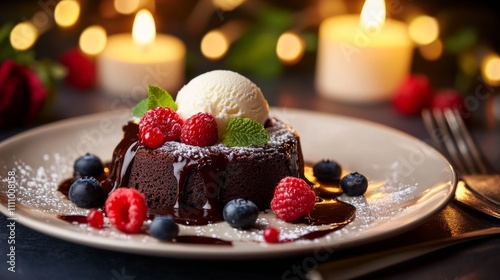 Photo of, A plate of decadent chocolate lava cake served with a scoop of vanilla ice cream, Chocolate lava cake plate centered