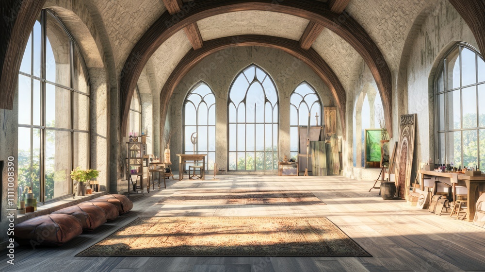 Urban Renaissance: Modern-Medieval Artistic Studio with High Ceilings and Colorful Decor Inspiring Creativity in Photorealistic Interior Design Image Urban Renaissance: Modern-Medieval Artistic Studio with High Ceilings and Colorful Decor Inspiring Creativity in Photorealistic Interior Design Image