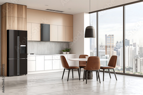 Modern kitchen and dining area with wooden cabinets  white countertops  brown dining chairs  and a large floor-to-ceiling window overlooking a city skyline