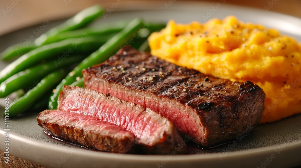 A plate featuring a cooked steak, green beans, and mashed potatoes. A plate featuring a cooked steak, green beans, and mashed potatoes.