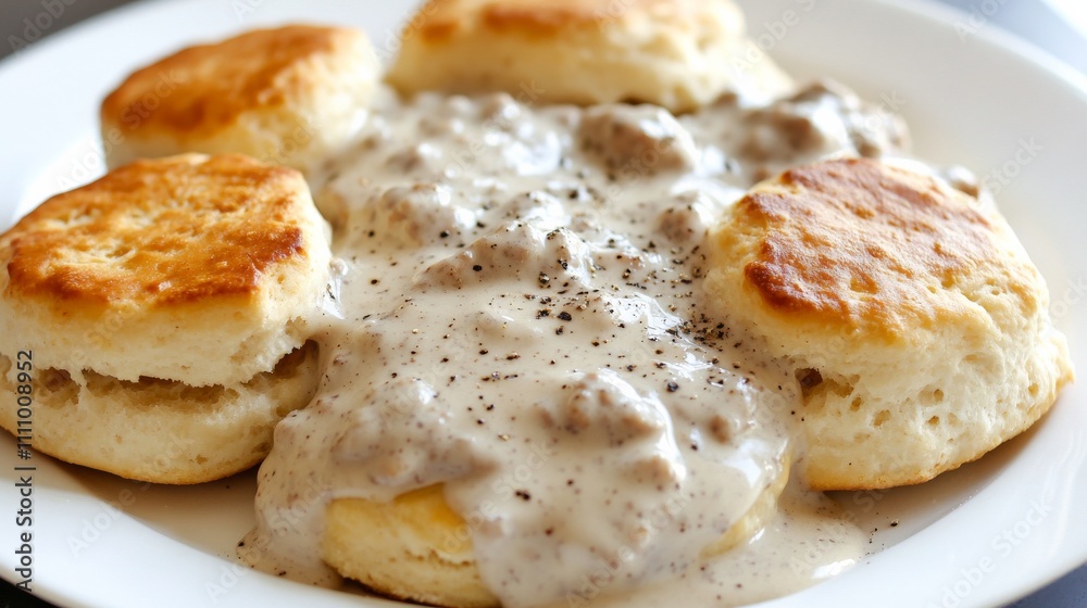 Photo of, A plate of fluffy buttermilk biscuits smothered in creamy sausage gravy, Biscuits and gravy plate centered Photo of, A plate of fluffy buttermilk biscuits smothered in creamy sausage gravy, Biscuits and gravy plate centered