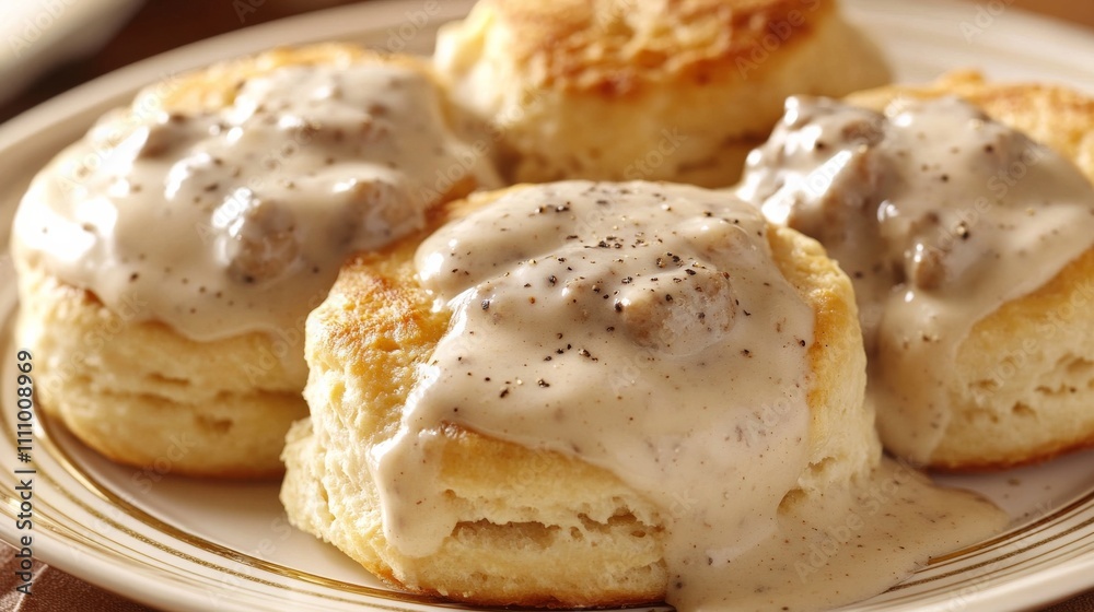 Photo of, A plate of fluffy buttermilk biscuits smothered in creamy sausage gravy, Biscuits and gravy plate centered Photo of, A plate of fluffy buttermilk biscuits smothered in creamy sausage gravy, Biscuits and gravy plate centered