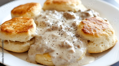 Photo of, A plate of fluffy buttermilk biscuits smothered in creamy sausage gravy, Biscuits and gravy plate centered