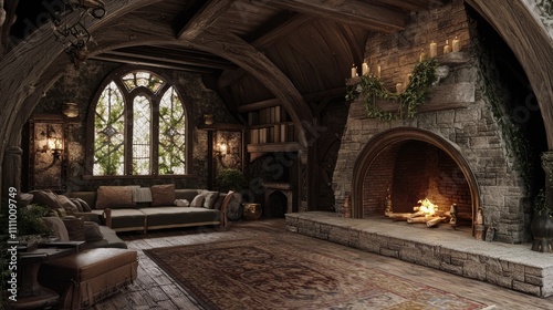 Modern-Medieval Den  A Cozy Sanctuary with Fireplace and Plush Furnishings for Relaxation   Ultra-Detailed Interior Design