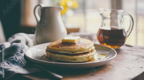 Photo of, A plate of fluffy buttermilk pancakes with a pat of melting butter on top, Minimalist breakfast setting