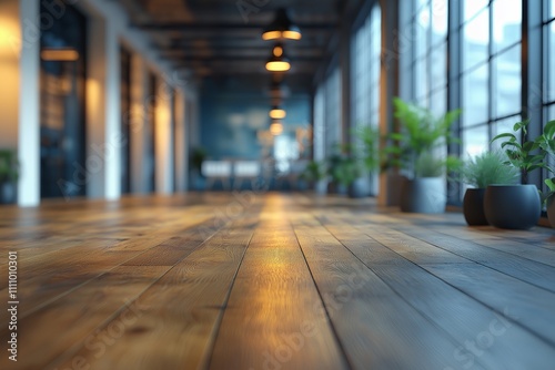 Modern interior corridor with wooden flooring and plants in natural light