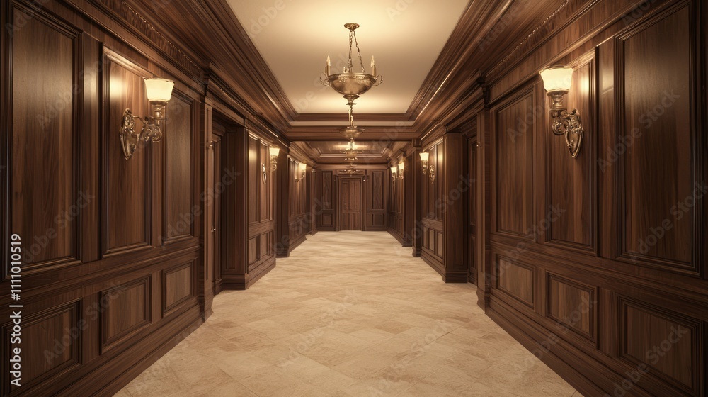 Luxurious Medieval-Inspired Hallway with Wood Paneling and Antique Sconces Leading Through Sophisticated Home Decor Luxurious Medieval-Inspired Hallway with Wood Paneling and Antique Sconces Leading Through Sophisticated Home Decor
