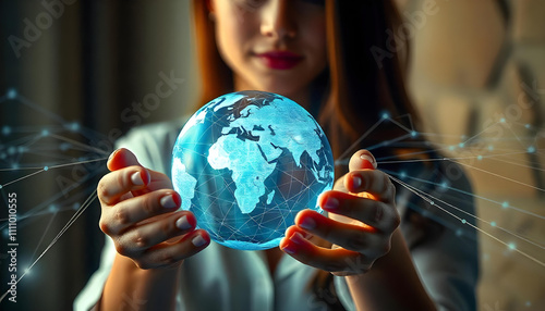 Woman is holding Global network connection to big data around the world.a nd tecnology internet metaverse concept.