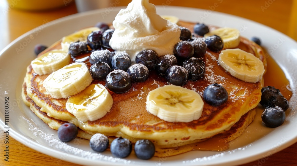 Photo of, A plate of fluffy pancakes topped with fresh blueberries, sliced bananas Photo of, A plate of fluffy pancakes topped with fresh blueberries, sliced bananas