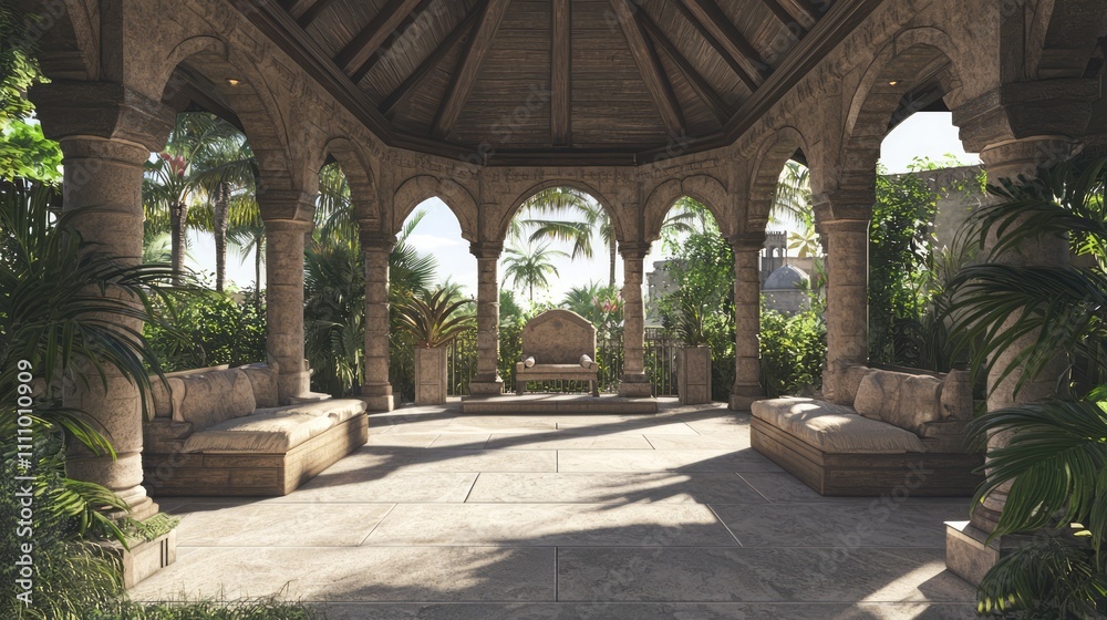 Enchanting Modern-Medieval Gazebo with Stone Accents and Comfortable Seating for Relaxation and Gatherings