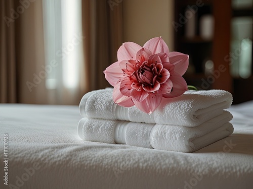 Flower on folded fresh white towels