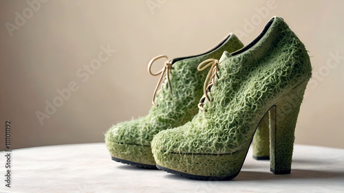 Closeup of fashionable green shoes on high hills with laces made of moss AI-generated image.