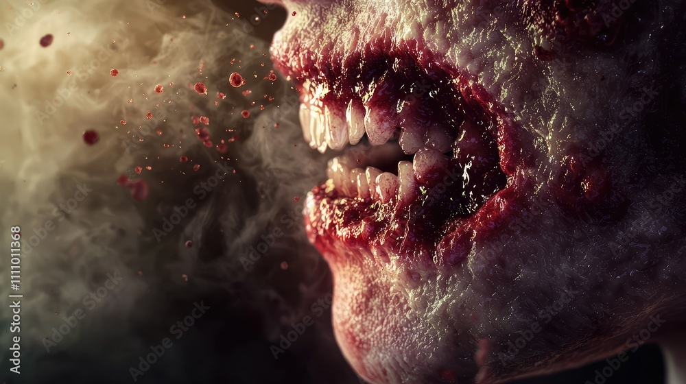 Obraz premium Gruesome Close-Up of a Zombie Mouth with Blood-Soaked Teeth and Sinister Fog Emanating from the Gaping Cavities in a Dark Atmospheric Setting
