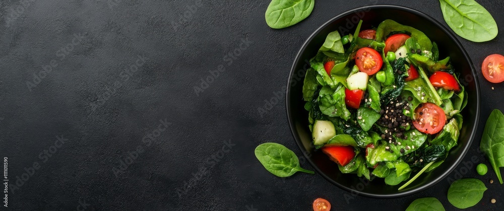 Fresh green spinach leaves in a black bowl on a dark surface with scattered leaves Fresh green spinach leaves in a black bowl on a dark surface with scattered leaves