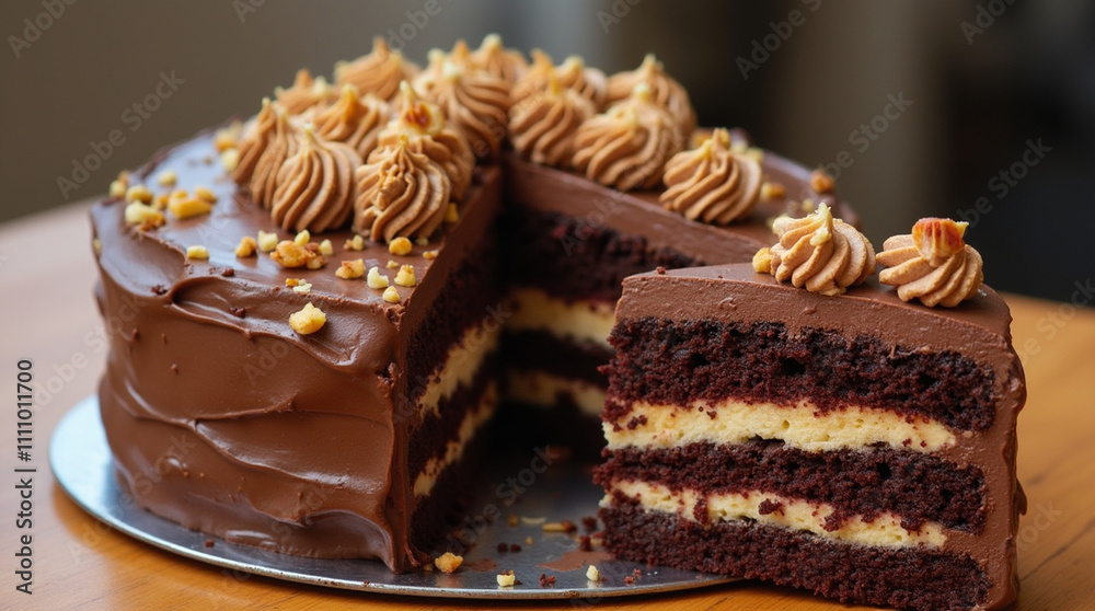 A decadent, multi-layered cake with rich chocolate frosting, decorated with swirls of cream and a scattering of chopped nuts on top. A decadent, multi-layered cake with rich chocolate frosting, decorated with swirls of cream and a scattering of chopped nuts on top.