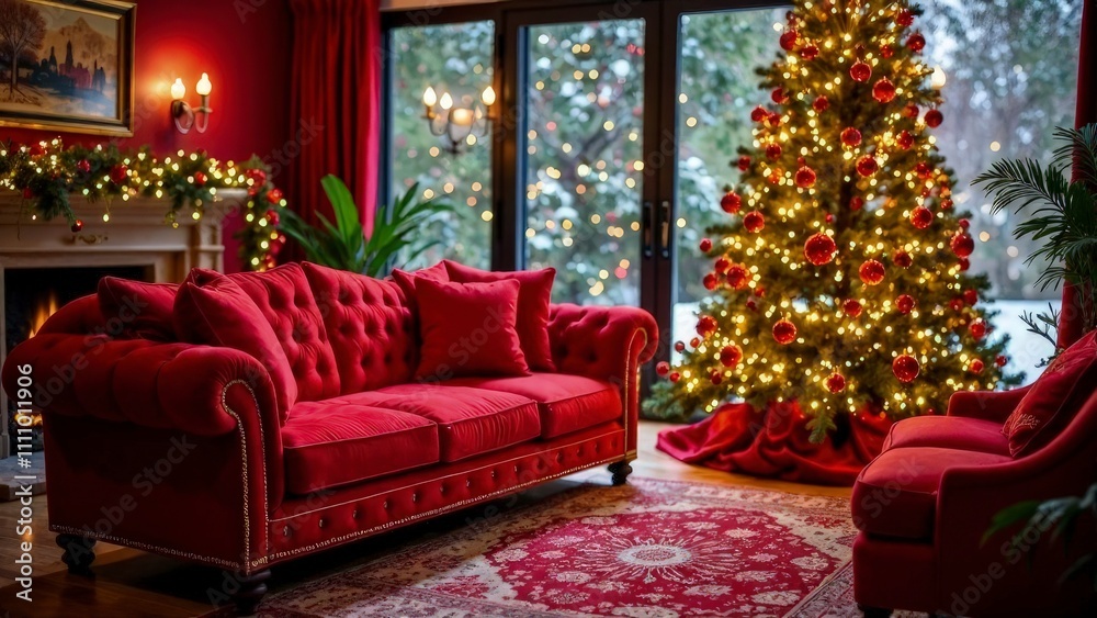 Obraz premium Beautiful Christmas red and gold sofa facing facing forward. A Christmas reef in background. Snow falling outside. Close up view. Magical lights