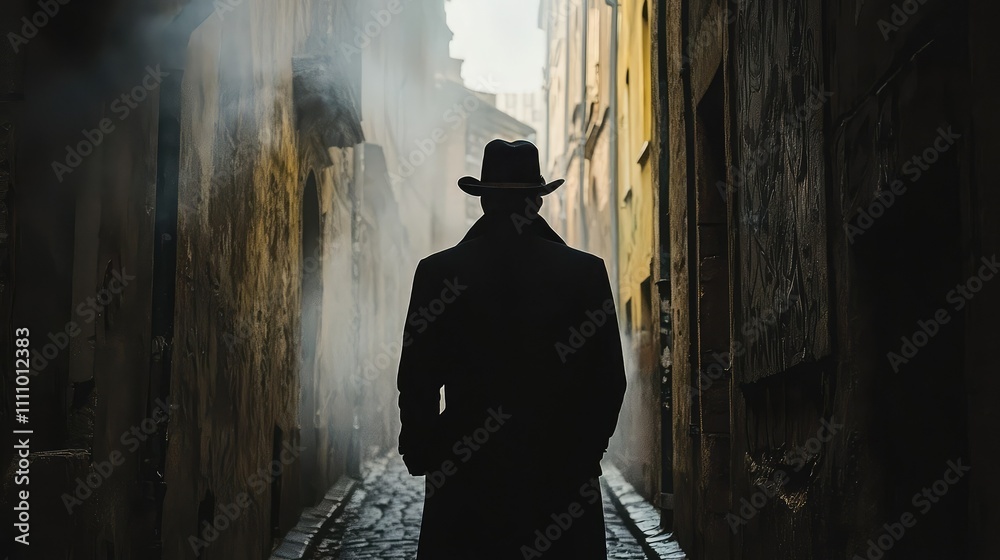 Mysterious Silhouette of a Man in Black Coat and Hat Walking Down a Foggy Alleyway Surrounded by Vintage-Style Architecture in an Urban Setting Mysterious Silhouette of a Man in Black Coat and Hat Walking Down a Foggy Alleyway Surrounded by Vintage-Style Architecture in an Urban Setting