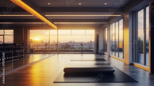 A serene gym space with mats  weights  and a stunning sunset view.