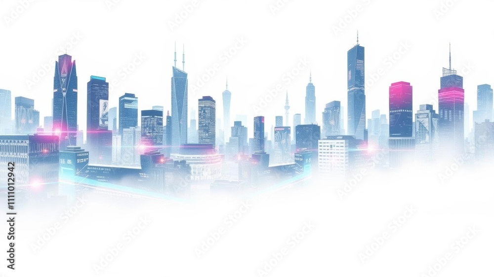 Fototapeta premium Futuristic cityscape with abstract textures and colorful light flares on white background, copy space for text, design, technology, vibrant