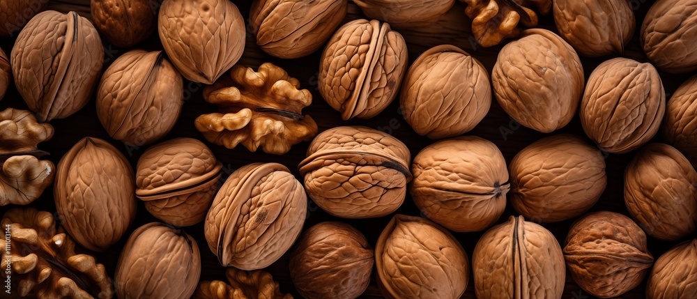 Close-up macro shot of a perfectly arranged expanse of Walnuts on a wooden table Close-up macro shot of a perfectly arranged expanse of Walnuts on a wooden table