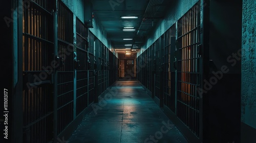 Dark and Eerie Prison Hallway with Metallic Bars and Dim Lighting  Evoking Feelings of Loneliness and Isolation in a Confinement Environment