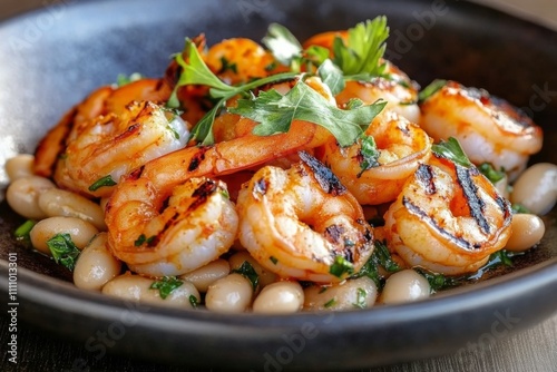 Grilled shrimp with white beans and herbs served in a rustic clay dish at a sunny outdoor restaurant