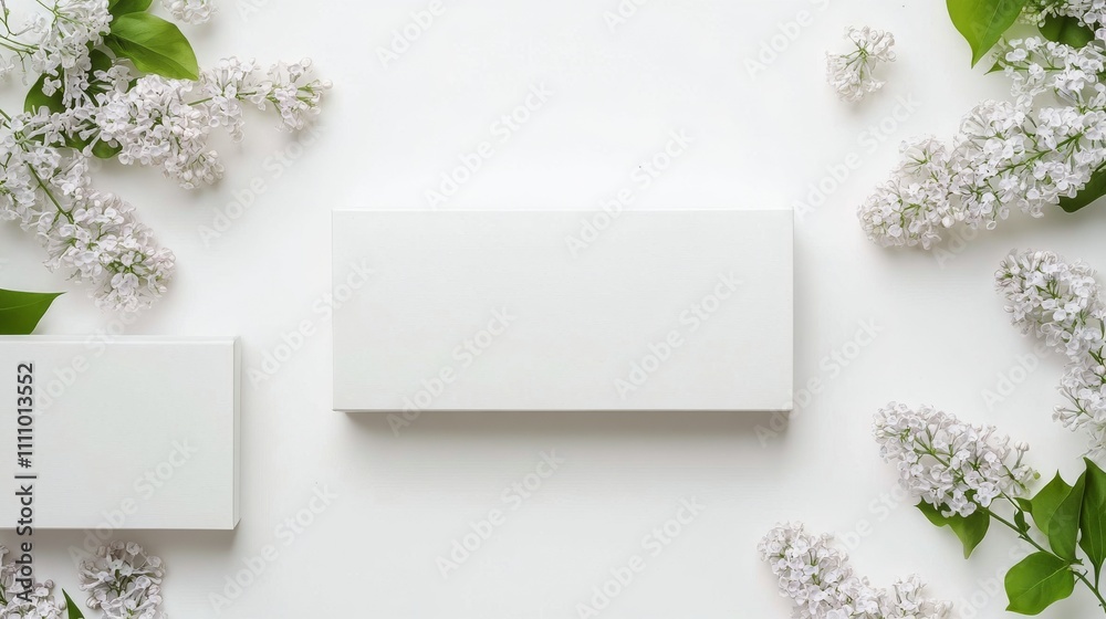 Elegant display of blank rectangular boxes surrounded by white flowers and green leaves Elegant display of blank rectangular boxes surrounded by white flowers and green leaves