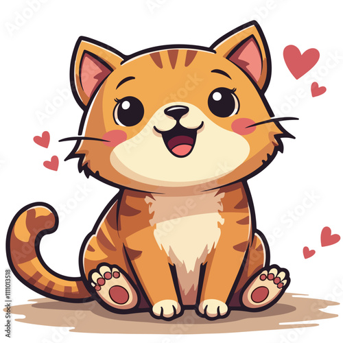 Vector illustration of a cute tiger kitten on a background with hearts