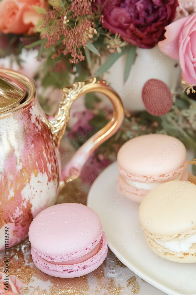tea party setup with a teapot ,a beautiful pastel color floral bouquet, pastel macarons, pastel cupcakes, luxury vibe in pinks and golds. tea party setup with a teapot ,a beautiful pastel color floral bouquet, pastel macarons, pastel cupcakes, luxury vibe in pinks and golds.
