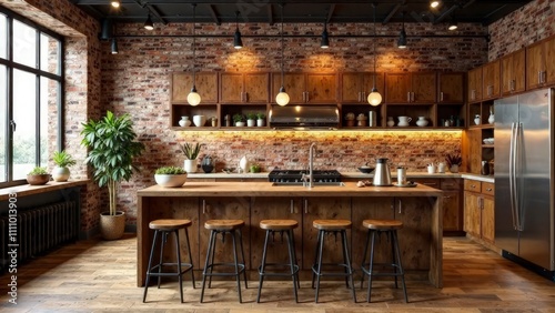 Industrial loft kitchen with wooden cabinets, brick walls, and metal pendant lights, warm homey lighting