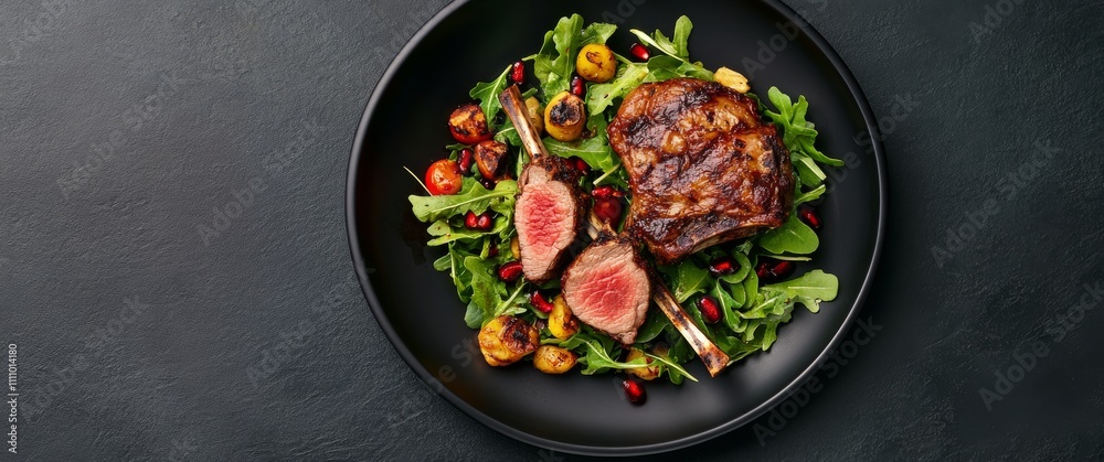 Deliciously prepared steak salad with vibrant greens and fresh ingredients at a restaurant setting Deliciously prepared steak salad with vibrant greens and fresh ingredients at a restaurant setting