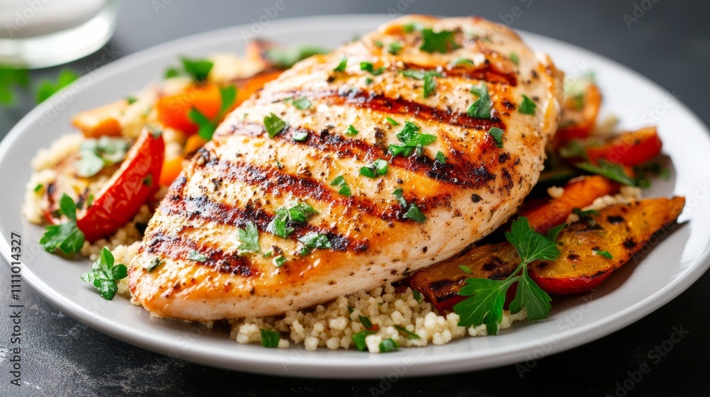 Photo of, A plate of juicy grilled chicken breast served with roasted vegetables and couscous, Grilled chicken plate centered Photo of, A plate of juicy grilled chicken breast served with roasted vegetables and couscous, Grilled chicken plate centered