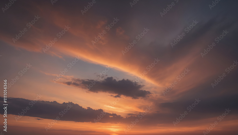 Fototapeta premium Panorama of a sunset sky with clouds background texture. Dramatic clouds, orange sunset sky