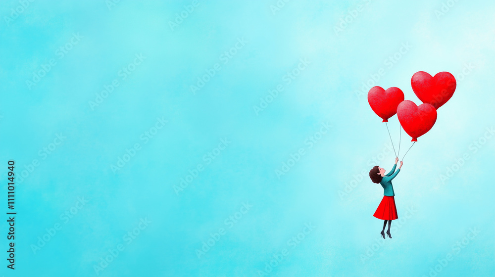 Minimalist illustration of a girl holding heart-shaped balloons flying in the sky