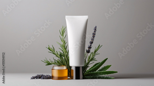 A cream tube surrounded by the the product, such as aloe vera, lavender, or honey, set against a neutral grey background 