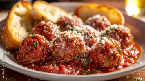 Photo of, A plate of savory meatballs in marinara sauce topped with Parmesan cheese, Meatballs on plate